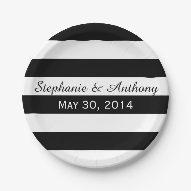 Plato De Papel Boda rayado negro y blanco (Anverso)