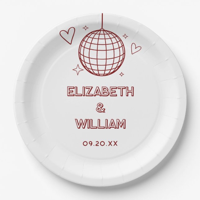 Plato De Papel Boda Retro Disco Groovy Años 70 Roja (Anverso)