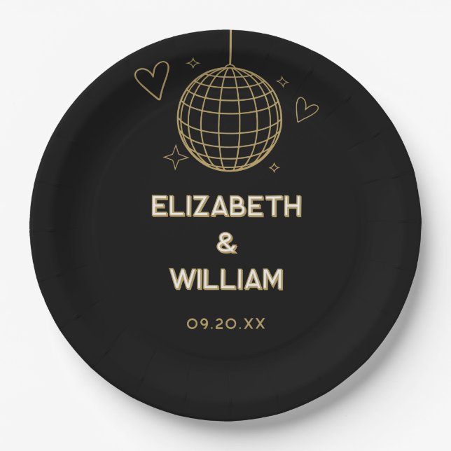 Plato De Papel Boda Retro Disco Groovy Negro Y Dorado 70s (Anverso)