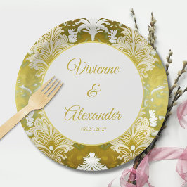 Plato De Papel Boda Retro Gold Green Damask