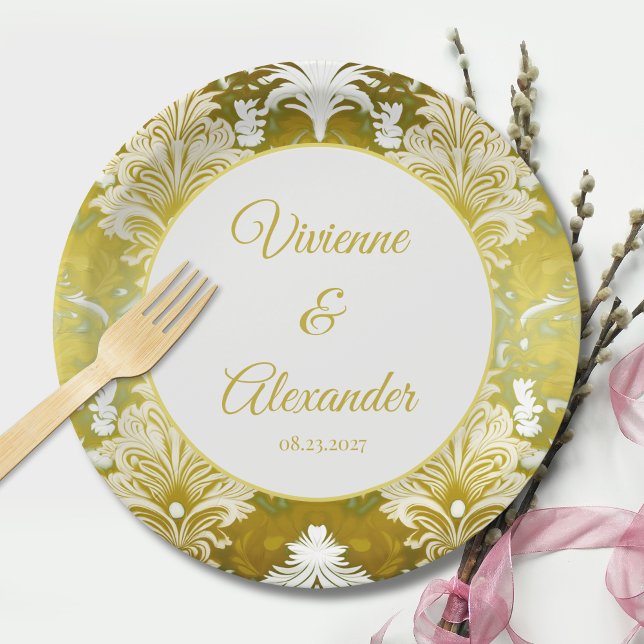 Plato De Papel Boda Retro Gold Green Damask (Subido por el creador)