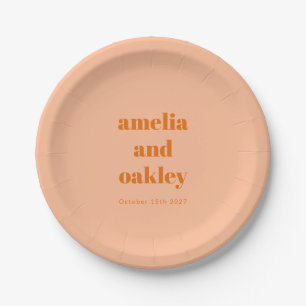 Plato De Papel Boda Retro Personalizada Retro Naranja Peach Minim