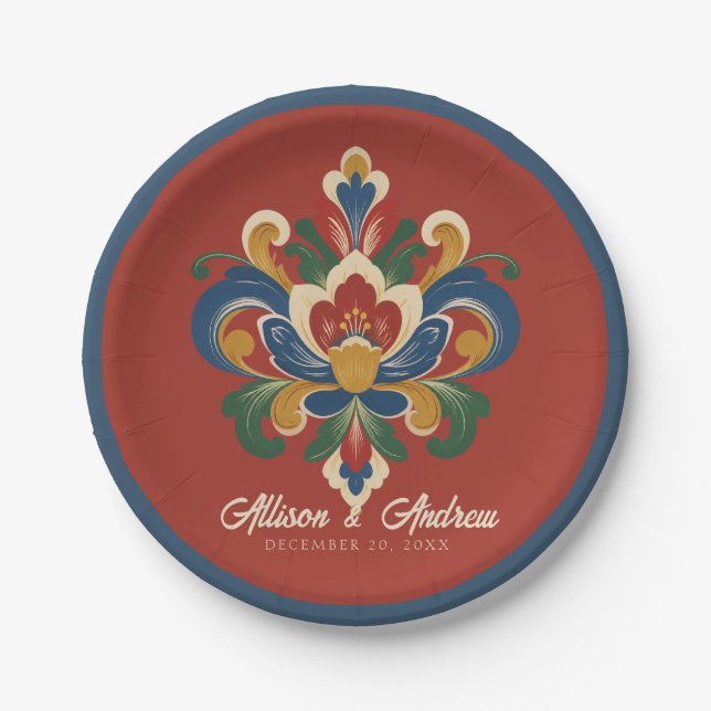 Plato De Papel Boda Roja Rosemaling Noruega (Anverso)