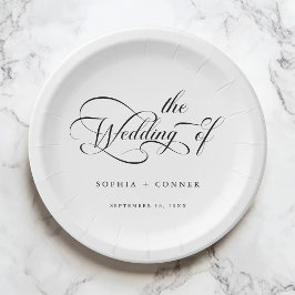 Plato De Papel Boda romántico de caligrafía clásica negro y blanc