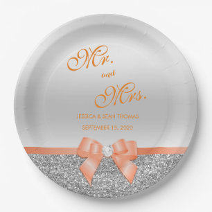 Plato De Papel Boda Romántico de Coral Bow & Silver Purpurina