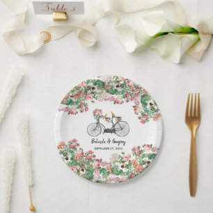 Plato De Papel Boda Romántico de Flores de Bicicleta Vintage y Av