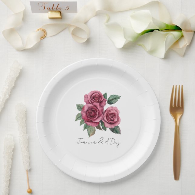 Plato De Papel Boda romántico floral de rosas rojas (Boda)