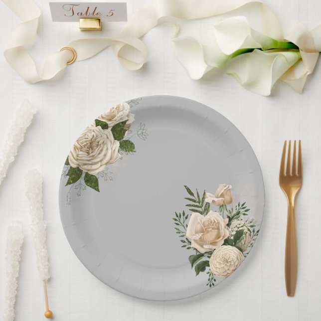 Plato De Papel Boda Romántico Gris Marfil Floral (Boda)