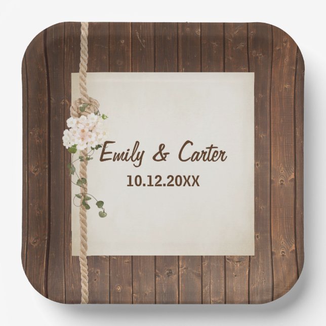 Plato De Papel Boda Rope Knot E Hydreangea En Madera (Anverso)