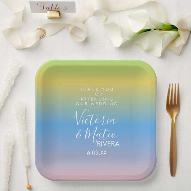 Plato De Papel Boda rosa azul amarillo arcoiris ocre Gracias (Boda)