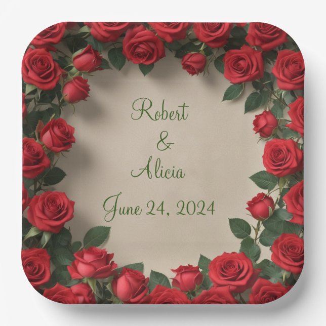 Plato De Papel Boda Rosa Roja (Anverso)