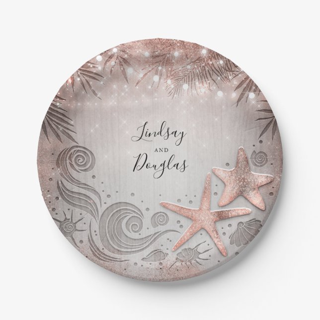 Plato De Papel Boda Rosa Tropical de Oro Starfish (Anverso)