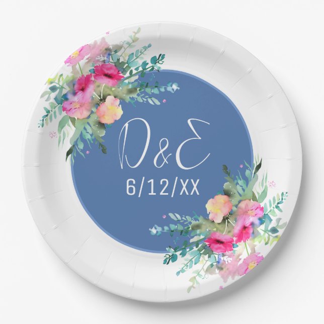 Plato De Papel Boda Rosebud rosa floral azul personalizado (Anverso)