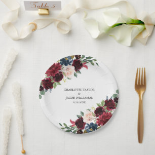 Plato De Papel Boda ruso floral azul de la marina de Rubor de Bor