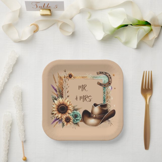 Plato De Papel Boda ruso occidental Sr. y Sra. 7 Inch Square (Boda)