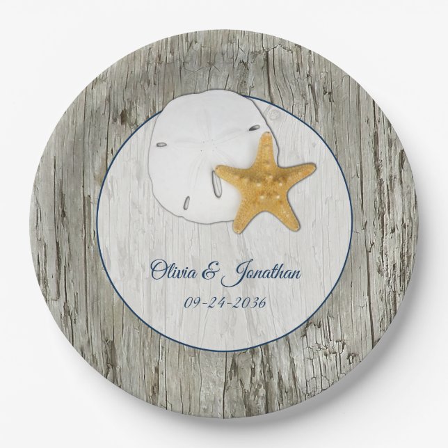Plato De Papel Boda Rustic Beach Driftwood Sand Dollar (Anverso)