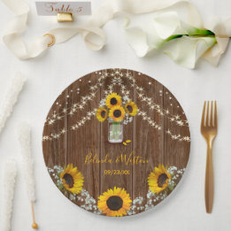 Plato De Papel Boda Rustic Sunflower and Mason Jar