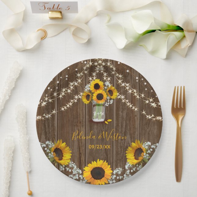 Plato De Papel Boda Rustic Sunflower and Mason Jar (Boda)