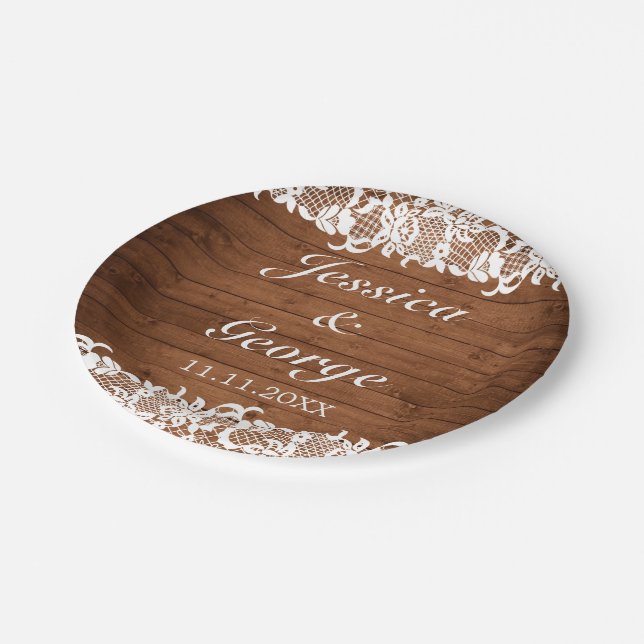 Plato De Papel Boda Rustic Wood & White Lace (Angular)
