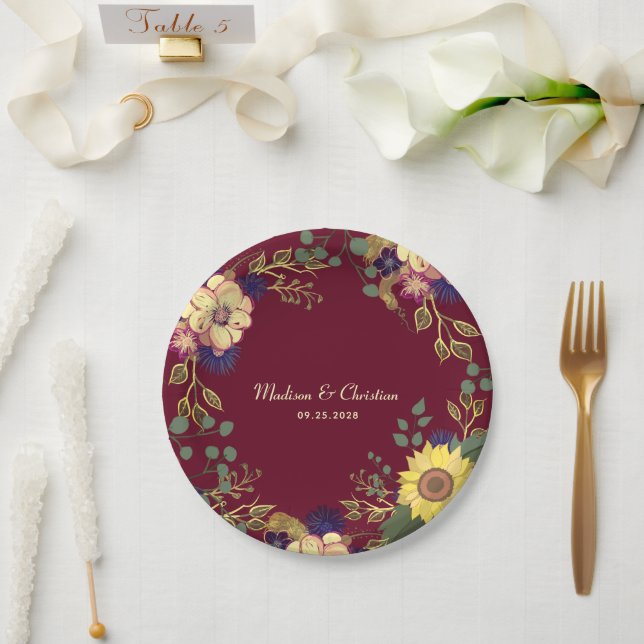 Plato De Papel Boda Rústica con Girasoles Borgoña (Boda)
