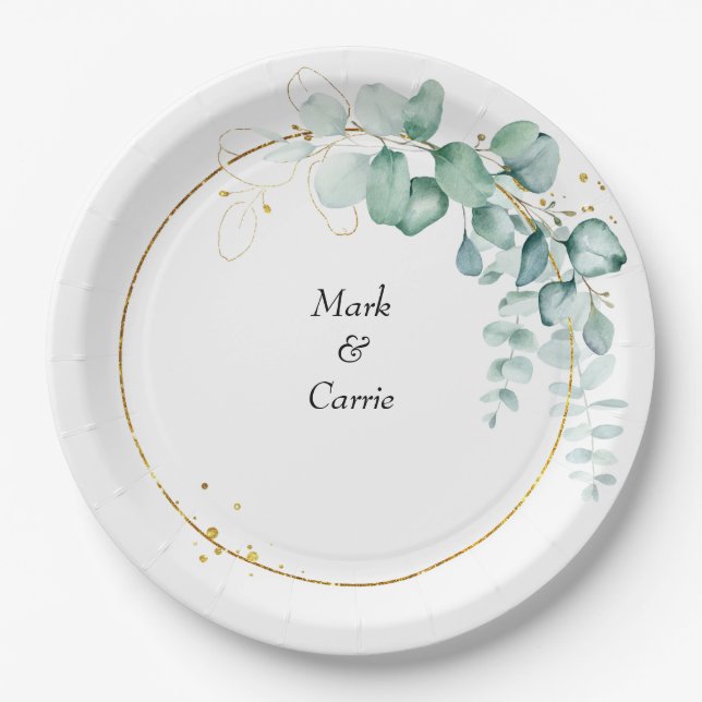 Plato De Papel Boda rústica con vegetación de eucalipto (Anverso)
