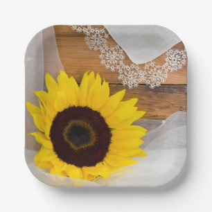 Plato De Papel Boda rústica de girasol y encaje en el campo