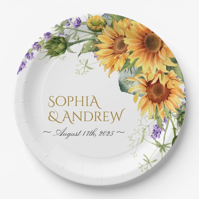 Plato De Papel Boda Rústica de Girasoles y Lavanda (Anverso)