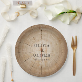 Plato De Papel Boda rústica de madera en tocón de árbol granero