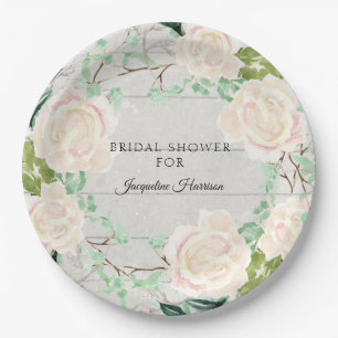 Plato De Papel Boda Rústica de Madera Floral Rosa Marfil Melocotó