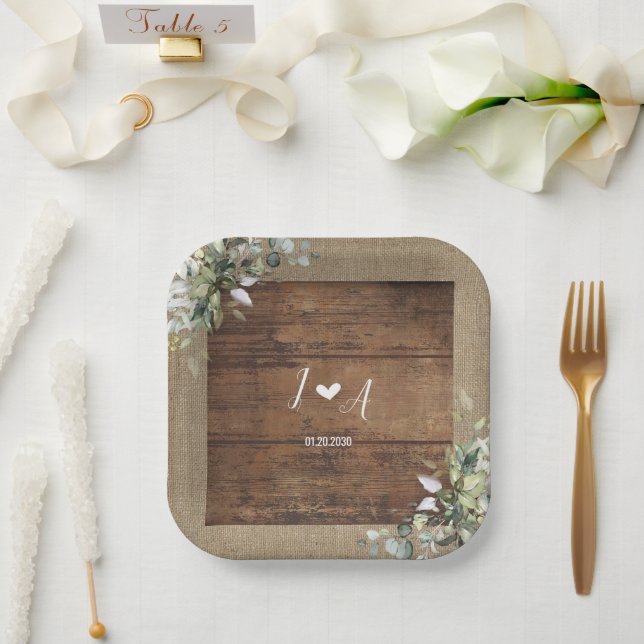Plato De Papel Boda Rústica de Madera y Arpillera (Boda)