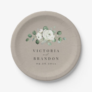 Plato De Papel Boda rústica floral blanca con verde de eucalipto