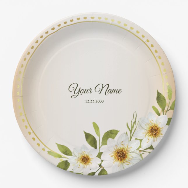 Plato De Papel Boda Rústica Geométrica Dorada Blanca Floral Meloc (Anverso)