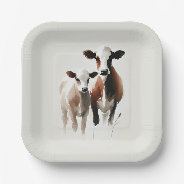 Plato De Papel Boda Rústica Mínima de Vacas en Acuarela (Anverso)
