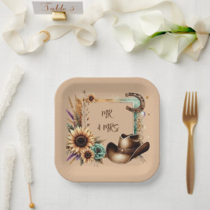 Plato De Papel Boda Rústica Occidental Sr & Sra 7 Pulgadas Cuadra