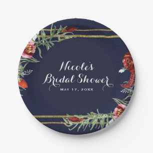 Plato De Papel Boda Rústica Otoño Marsala Floral Azul Marino Dora