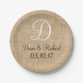 Plato De Papel Boda Rústico Burlap Nombre Fecha Monograma