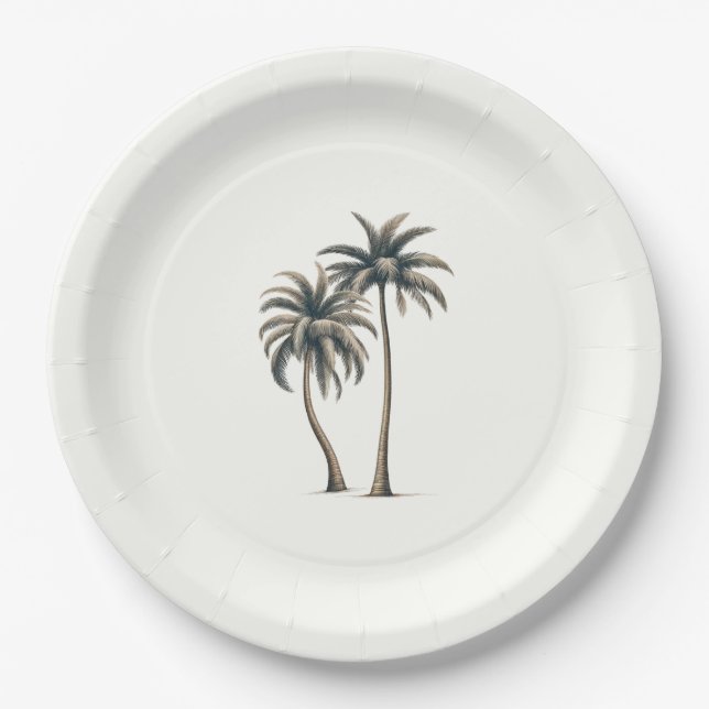 Plato De Papel Boda Rústico Costero Tropical Palm Tree (Anverso)
