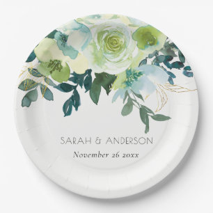 Plato De Papel Boda Rústico de color de agua azul verdoso floral