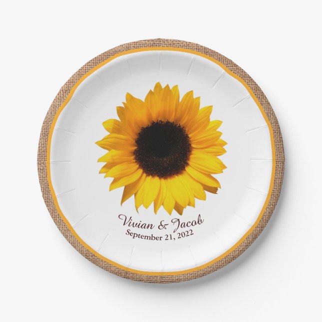 Plato De Papel Boda Rústico de Girasol y Burlap (Anverso)