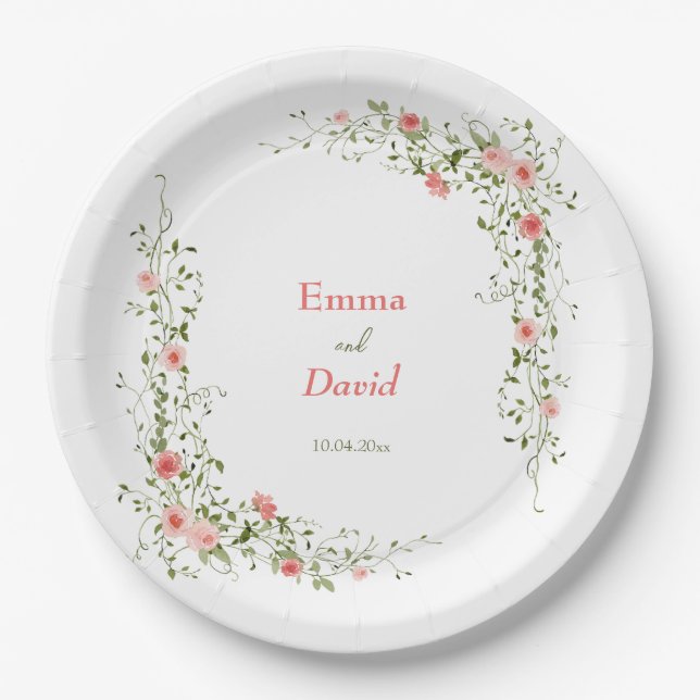 Plato De Papel Boda Rústico de rosas rosadas botánicas (Anverso)