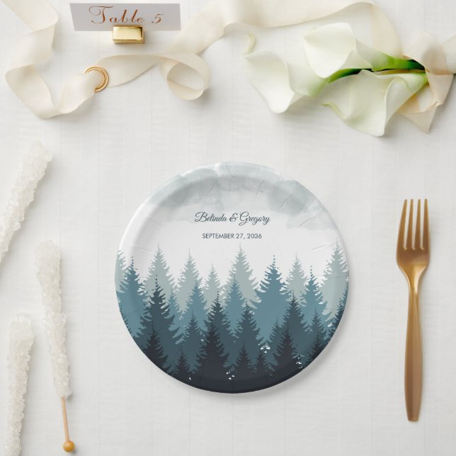 Plato De Papel Boda Rústico del bosque acuático del árbol del pin (Boda)