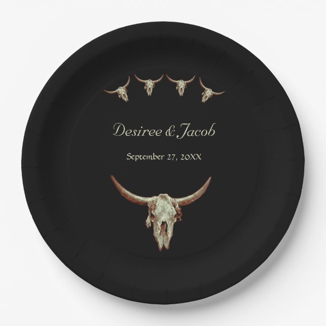 Plato De Papel Boda Rústico Negro Occidental Cow Bull Skull (Anverso)