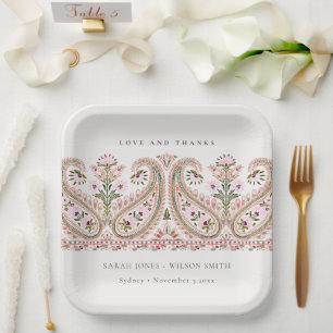 Plato De Papel Boda Rústico Pink Green Floral Paisley Motif