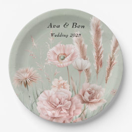 Plato De Papel Boda Sage Green y Pink Wildflowers