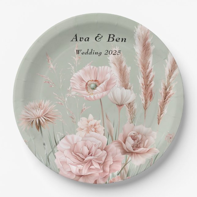 Plato De Papel Boda Sage Green y Pink Wildflowers (Anverso)