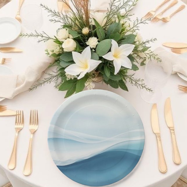 Plato De Papel Boda Serena en la Playa Azul (Serene Blue Abstract Wedding Paper Plates)