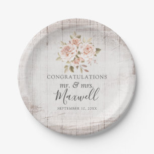 Plato De Papel Boda Shabby Chic de Madera Rústica y Rosas Románti