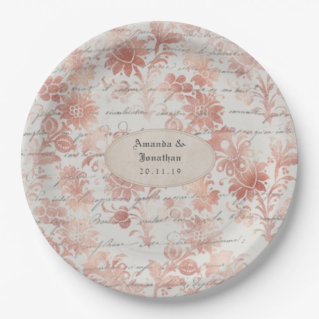 Plato De Papel Boda Shabby-Chic de Rosa Dorado (Anverso)