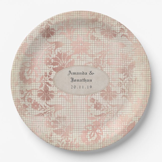 Plato De Papel Boda Shabby-Chic Rosa Dorado (Anverso)