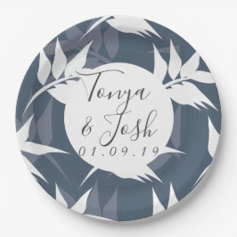Plato De Papel Boda Silueta Hojas Jardín Azul Marino